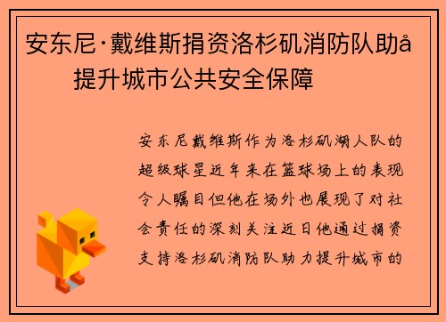 安东尼·戴维斯捐资洛杉矶消防队助力提升城市公共安全保障